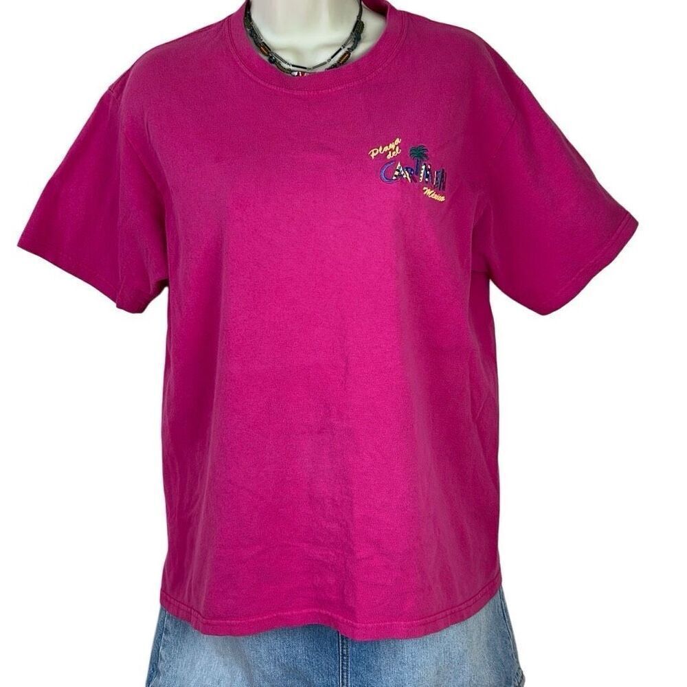 Vintage Playa del Carmen Souvenir Pink Embroidered Tee Shirt Size Medium